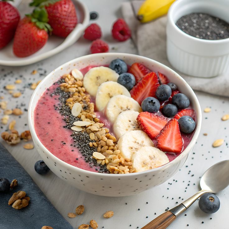 Smoothie bowl acai dengan topping chia seeds, goji berry, dan kacang almond sebagai superfood sehat.