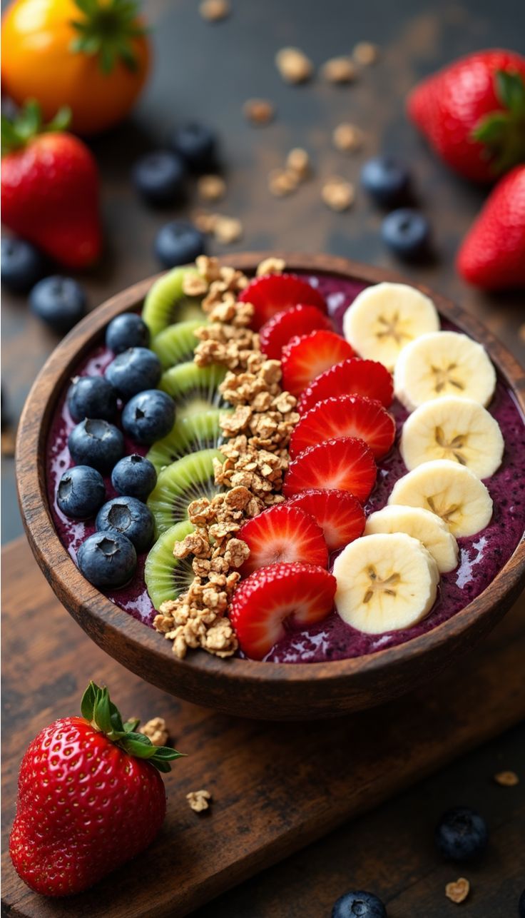Acai bowl dengan topping buah segar, granola, dan selai kacang