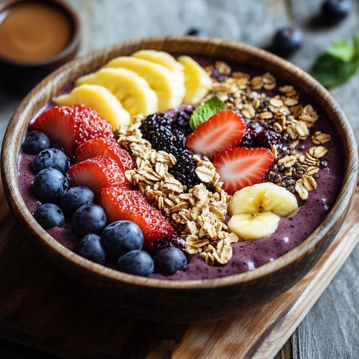 Acai bowl dengan topping buah segar dan granola