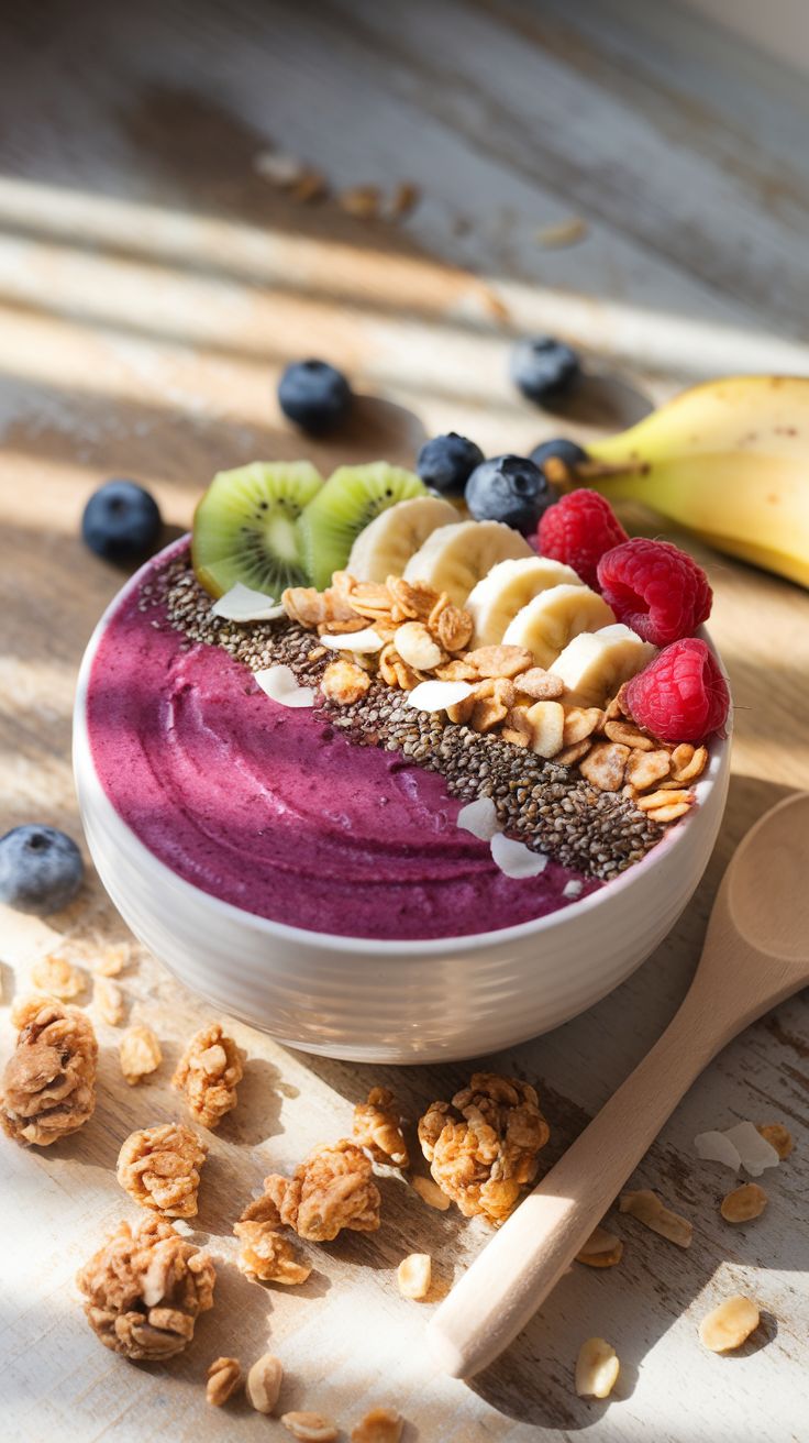 Mangkuk acai bowl segar dengan topping buah dan granola